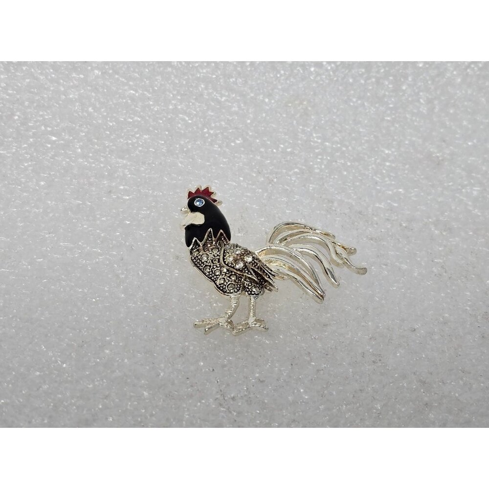 Vintage Rooster Brooch Silver Tn Enamel Rhinestone Chicken Figural Statement Pin